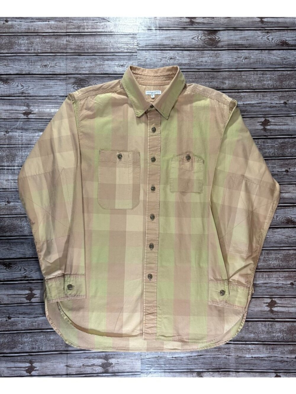 Engineered Garments Cotton Work Shirt sz L Khaki / Olive Block check Made in USA